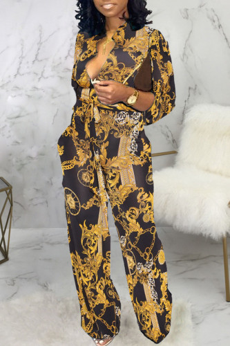 Yellow Casual Print Patchwork V Neck Straight Jumpsuits