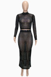 Black Fashion Sexy Hot Drilling See-through Half A Turtleneck Long Sleeve Two Pieces