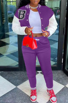 Пурпурный модный повседневный лоскутный принт с длинным рукавом из двух частей