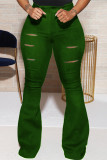 Calças casuais regulares rasgadas da moda verde exército