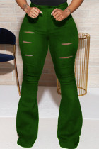 Pantalones regulares rasgados sólidos casuales de moda verde militar