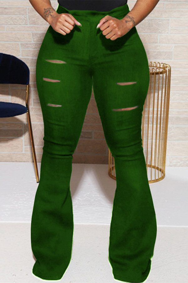 Army Green Fashion Casual Solid Ripped Regular Byxa