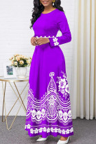 Фиолетовые модные повседневные платья с принтом в стиле пэчворк и круглым вырезом с длинным рукавом
