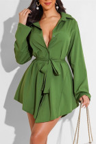 グリーン ファッション カジュアル ソリッド ベルト ターンダウン カラー ロング スリーブ ドレス