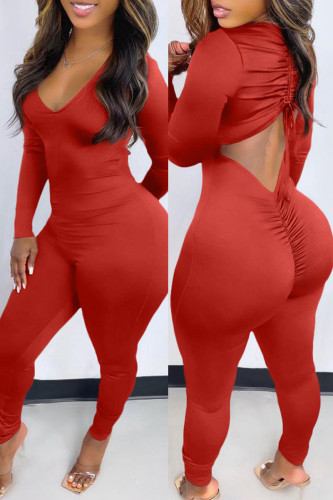 Red Fashion Casual Solid Backless V Neck Skinny Jumpsuits