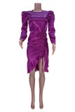Фиолетовые модные повседневные однотонные платья с длинными рукавами и открытой спиной с круглым вырезом