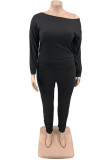 Black Fashion Casual Solid Basic Oblique Collar Plus Size Two Pieces