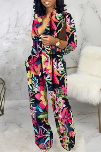 Multicolor Casual Print Patchwork V Neck Straight Jumpsuits