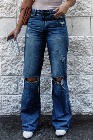 Dark Blue Fashion Casual Solid High Waist Regular Ripped Denim Jeans
