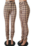 Fluorescent Green Casual Street Plaid Print Patchwork Fold Regular High Waist Pencil Full Print Bottoms