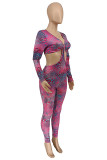 Rose paarse mode sexy print uitgeholde v-hals skinny jumpsuits