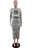 Grey Casual Christmas Tree Printed Fold O Neck Long Sleeve Two Pieces