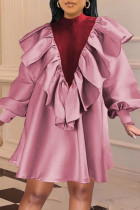 Rosafarbene, süße, einfarbige Patchwork-Kleider mit Volant und halbem Rollkragen in A-Linie
