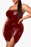 Burgundy Sexy Casual Plus Size Solid Backless Slit Spaghetti Strap Sleeveless Dress