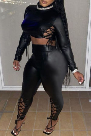 Black Fashion Casual Solid Bandage Hollowed Out Half A Turtleneck Long Sleeve Two Pieces