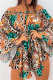 Multicolor Moda Casual Estampa de Leopardo Vestido Irregular Esvaziado Fora do Ombro