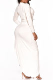 Witte mode sexy effen uitgeholde spleet O-hals jurken met lange mouwen