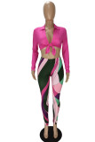 Pink Fashion Sexy Print Bandage V Neck Long Sleeve Two Pieces