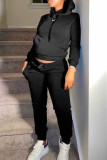 ブラックファッションカジュアルソリッドベーシックフード付きカラー長袖ツーピース