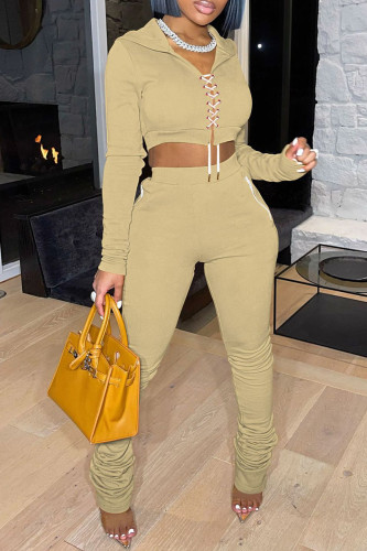 Khaki Casual Sportwear Bandage Fold Hooded Collar Long Sleeve Crop Jackets And Stacked Pants Two Pieces Sweatsuit Set