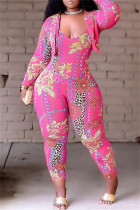 ピンクファッションカジュアルプリントカーディガンターンダウンカラー長袖ツーピース