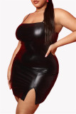 ブラック セクシー カジュアル プラス サイズ ソリッド バックレス スリット スパゲッティ ストラップ ノースリーブ ドレス