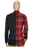 Red Casual Plaid Print Patchwork Buckle With Belt Turndown Collar Tops