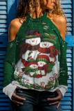 Red Green Casual Print Ripped Patchwork O Neck Tops
