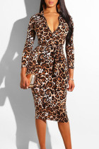 Leopard Print Casual Print Split Joint With Belt Zipper Collar One Step Skirt Dresses