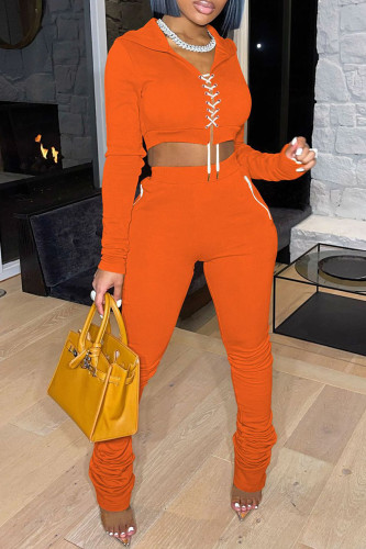 Orange Casual Sportwear Bandage Fold Hooded Collar Long Sleeve Crop Jackets And Stacked Pants Two Pieces Sweatsuit Set