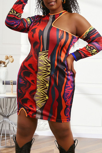 Red Sexy Print Hollowed Out Patchwork Asymmetrical O Neck One Step Skirt Plus Size Dresses