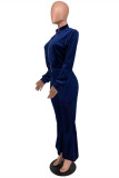 ブルーファッションカジュアルソリッドベーシックジッパーカラー長袖ツーピース