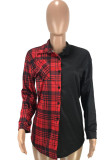 Red Casual Plaid Print Patchwork Buckle With Belt Turndown Collar Tops