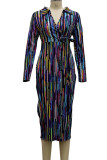 Multicolor Sexy Striped Print Patchwork With Belt Turndown Collar One Step Skirt Dresses