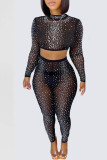 Abricot Fashion Sexy Hot Drilling See-through O Neck Long Sleeve Two Pieces