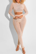 Абрикосовая мода сексуальная горячая бурение прозрачная с круглым вырезом с длинным рукавом из двух частей
