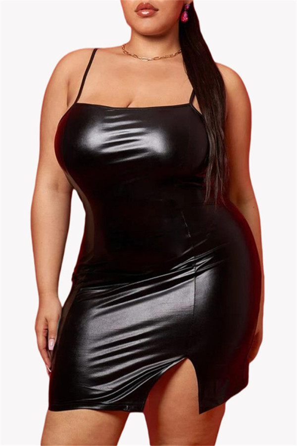 Zwarte sexy casual plus size effen backless spleet spaghetti band mouwloze jurk