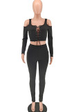 Black Sexy Solid Bandage Hollowed Out Patchwork U Neck Long Sleeve Two Pieces