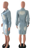 Небесно-голубые уличные рваные прямые джинсовые платья с длинными рукавами и пряжкой в ​​стиле пэчворк