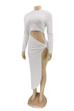 White Fashion Sexy Solid Hollowed Out Slit O Neck Long Sleeve Dresses