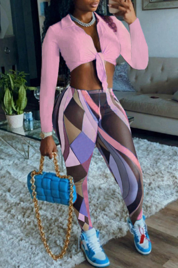 Pink Fashion Sexy Print Bandage V-Ausschnitt Langarm Zweiteiler