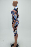 Blau-Rosa Lässiges Patchwork-Druckkleid mit Gürtel und Reißverschlusskragen, einstufiges Rockkleid