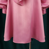 Roze zoete effen patchwork volantplooi halve coltrui A-lijn jurken