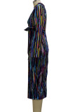 Patchwork imprimé rayé multicolore sexy avec ceinture col rabattu robes jupe une étape