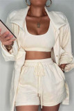 Cardigan solido casual alla moda bianco crema con colletto rovesciato a maniche lunghe in tre pezzi