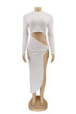 Белые модные сексуальные однотонные платья с длинными рукавами и разрезом с круглым вырезом