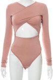 Pink Sexy Solid Hollowed Out Patchwork V Neck Skinny Bodysuits