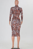 Leopard Print Casual Print Patchwork With Belt Zipper Collar One Step Skirt Dresses
