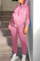 ピンクファッションカジュアルソリッドベーシックフード付きカラー長袖ツーピース