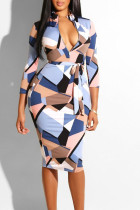 Blue Pink Casual Print Split Joint With Belt Zipper Collar One Step Skirt Dresses